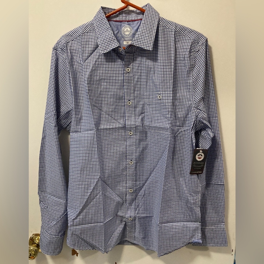 Flag & Anthem MadeFlex Men’s Plaid Shirt Button Up Navy Blue White Size Medium